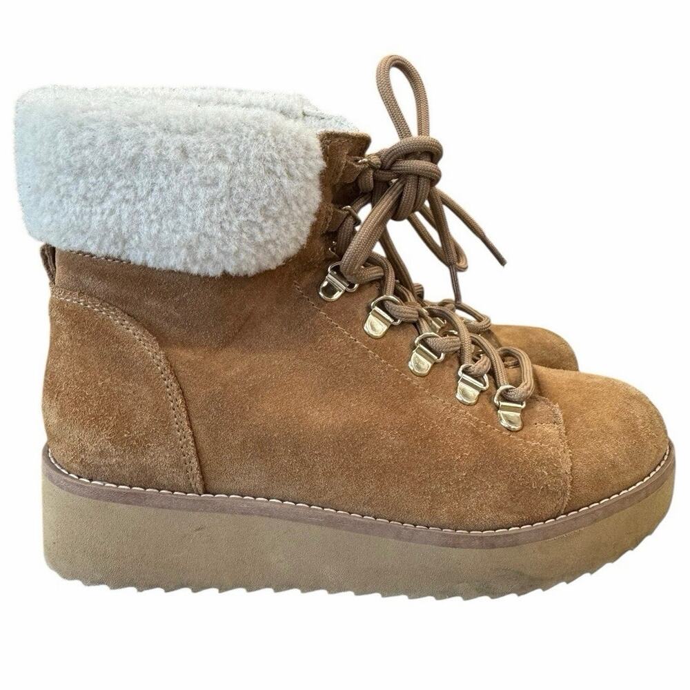 Sam Edelman Franc Suede Hiking Platform Wedge Booties Faux Fur Trim Size 6.5
